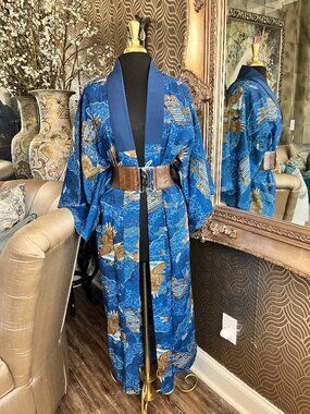 vintage Japanese blue silk blend bold golden eagle and dragon motif kimono